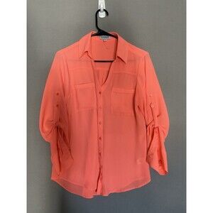 Express The Portofino Button Up Shirt Medium Blue Womens Anchor Career Roll Tab